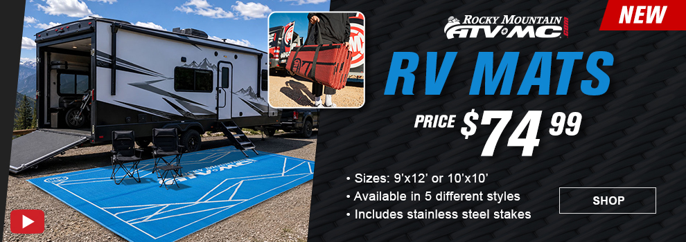 Rocky Mountain ATVMC RV Mats, price seventy four dollars and ninety nine cents, sizes nine feet by 12 feet, ten feet by ten feet, available in five different styles, Includes stainless steel stakes, SHOP
